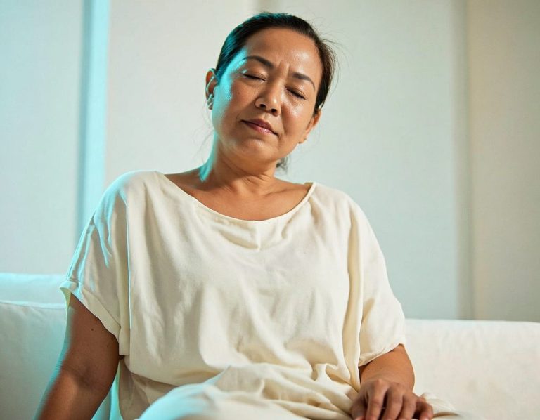 A woman in a neutral-toned outfit sitting on a couch, looking thoughtfully ahead.