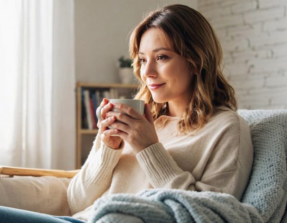Woman holding a cup, sitting comfortably in a bright, airy room.