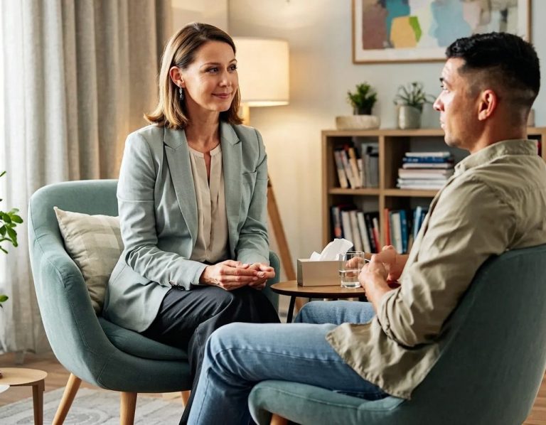 A woman and a man engage in a conversation in a cozy living room setting.