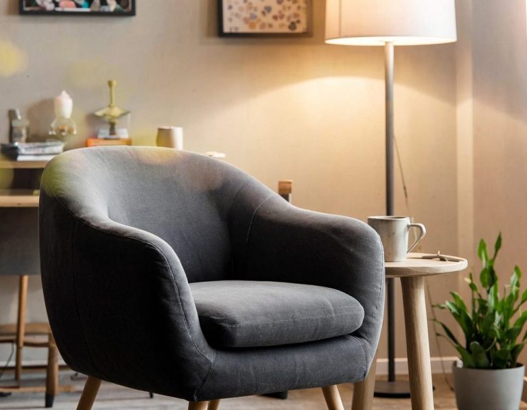 A comfortable grey armchair beside a table, lamp, and potted plant in a cozy room.