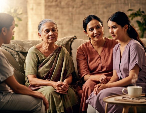 Four women of various ages sit together, engaged in a warm conversation in a cozy setting.